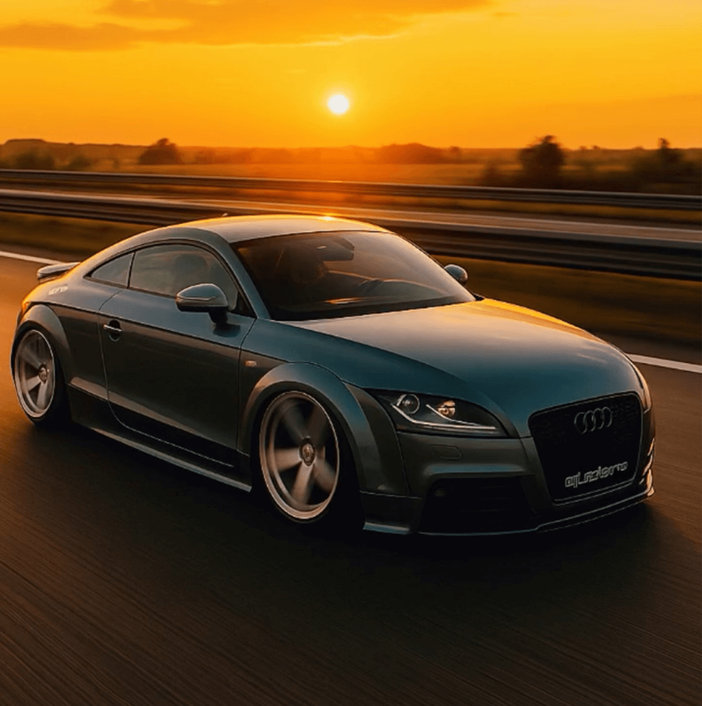 Lowered Audi TT coupé on the motorway at sunset (image digitally altered using AI)