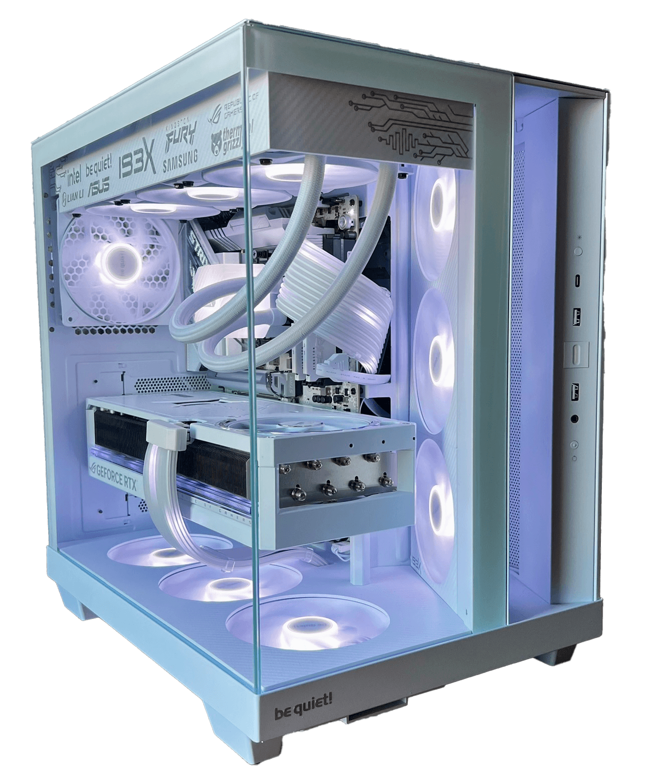 The finished Ibex custom build in the be quiet! Light Base 500 LX, all lighting set to white
