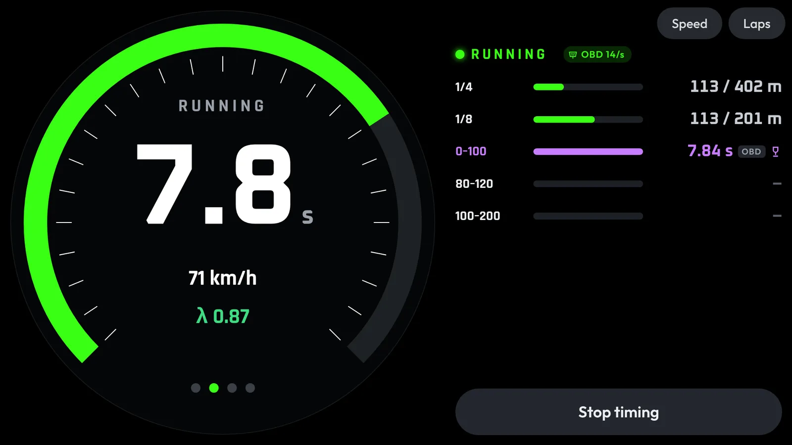 Android Auto: race timer running with all five targets and live lambda