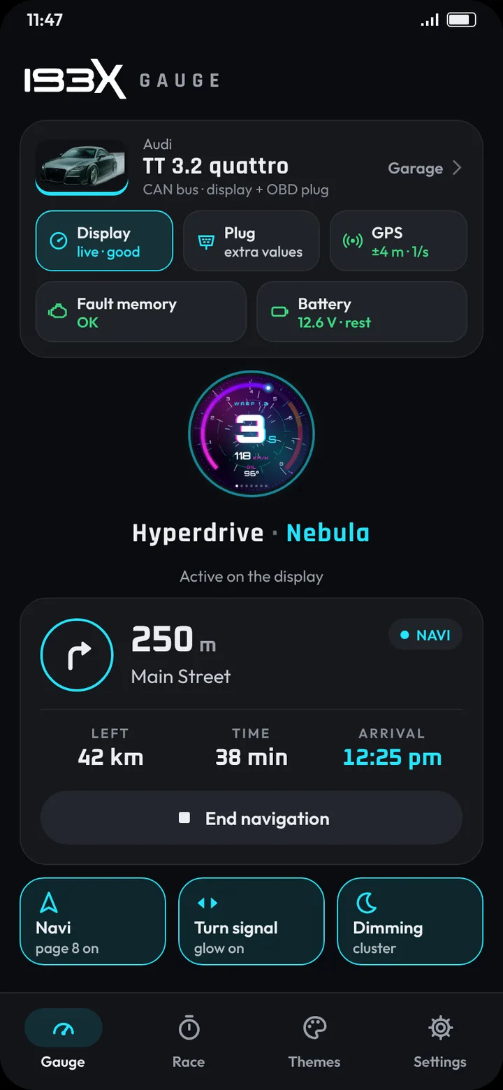 App home screen with fault memory OK and battery at rest