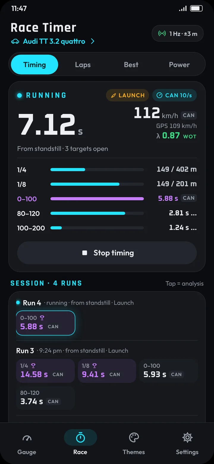 Race timer: a timed run in progress with live lambda