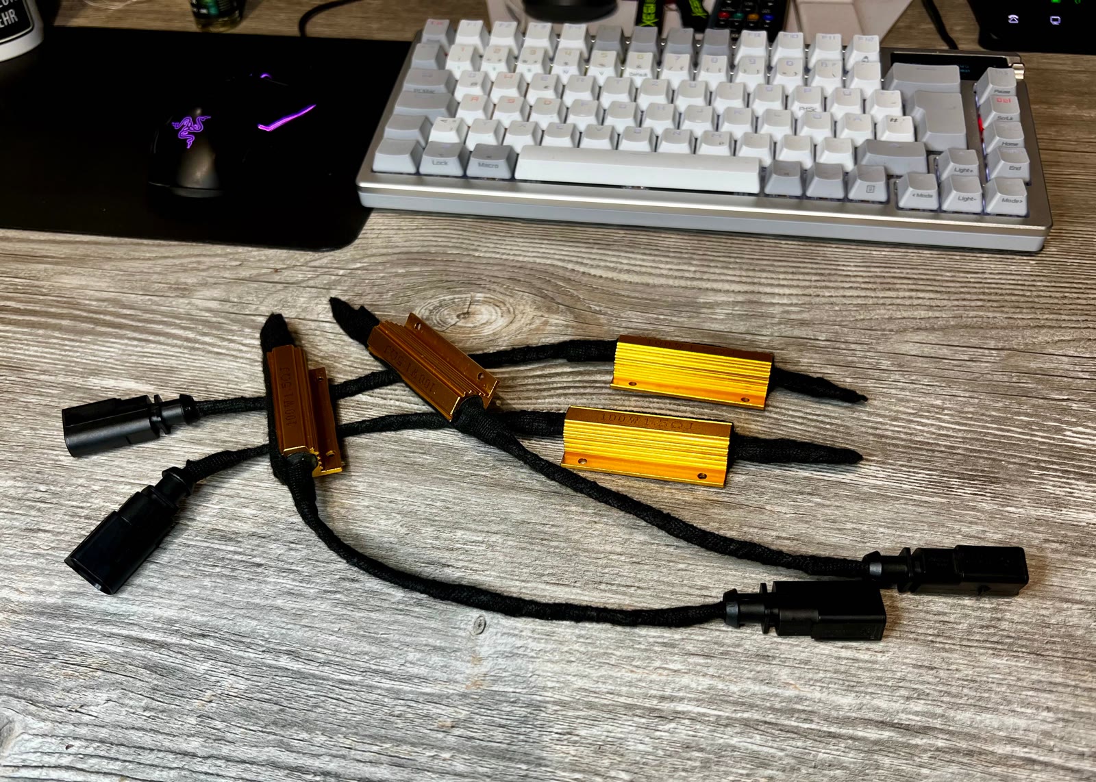The finished Magnetic Ride cancellation kit with four resistors and braided wiring