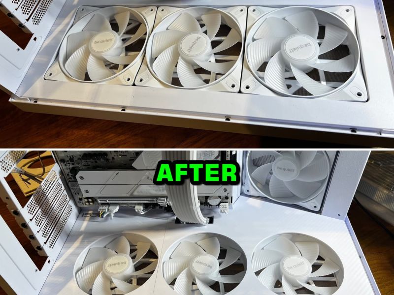 Before and after: the case floor without and with the printed bottom plate