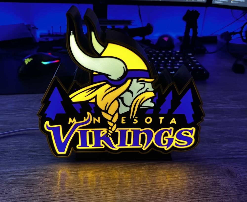 The Minnesota Vikings light box glowing on the desk