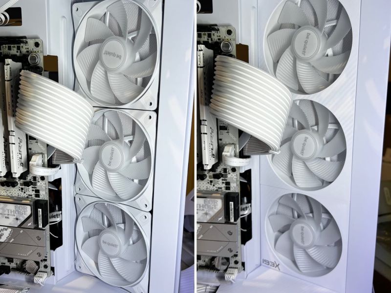 Before and after: the side fan bank without and with the printed cover
