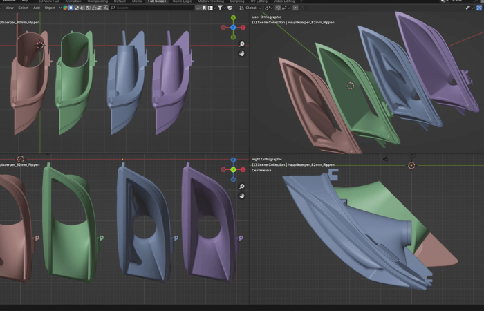 Blender viewport showing four design iterations of a 3D-printed air intake duct
