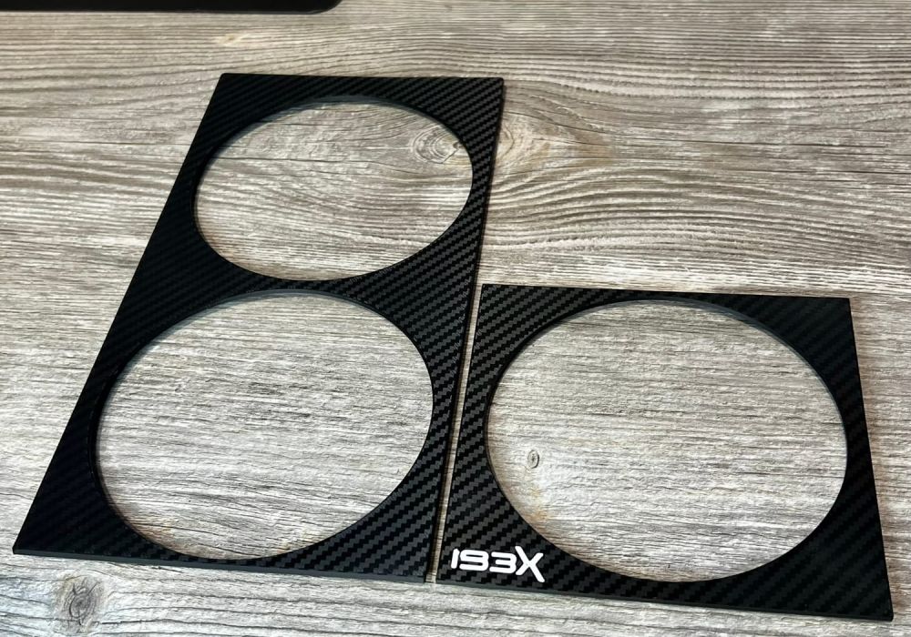 Side fan cover, display copy in black, split into the two pieces it prints as